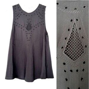 GENTLE FAWN Boho Tonal Embroidered Crewneck Tank Top Gray Sz S